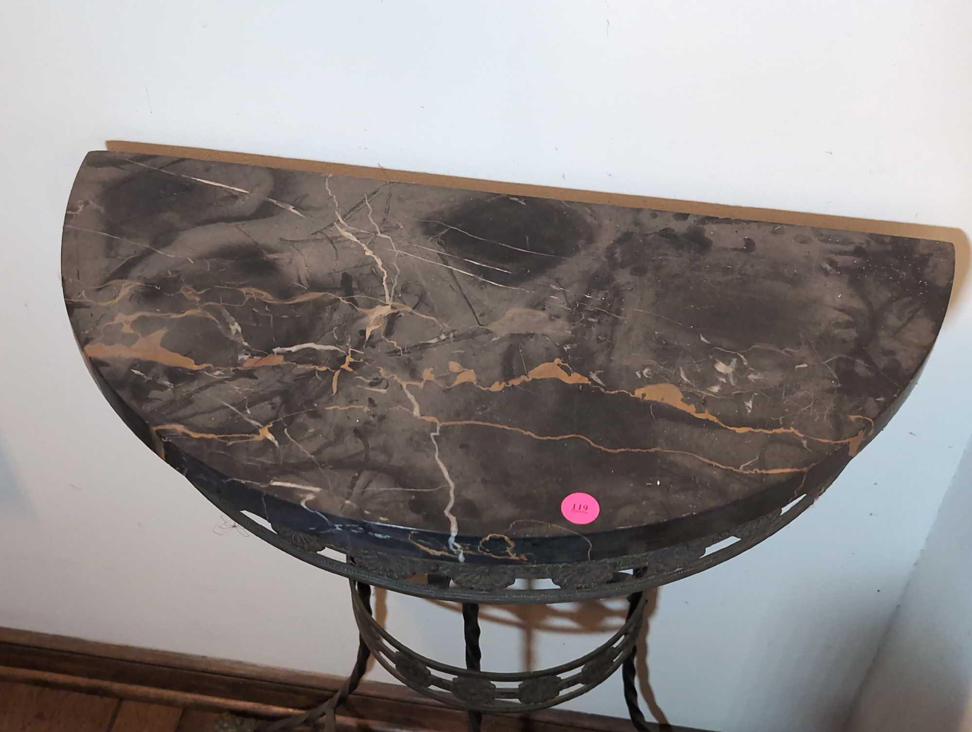 (FOYER) MID CENTURY NEOCLASSICAL WROUGHT IRON DEMILUNE HALL TABLE WITH BLACK GRANITE TOP, BRASS