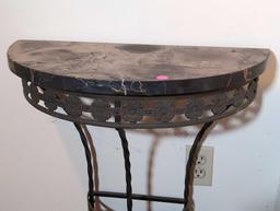 (FOYER) MID CENTURY NEOCLASSICAL WROUGHT IRON DEMILUNE HALL TABLE WITH BLACK GRANITE TOP, BRASS