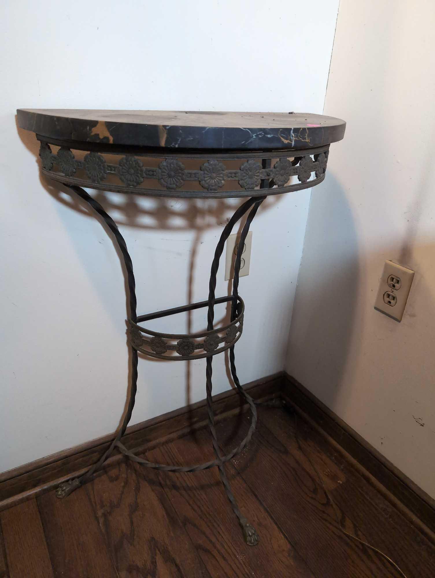 (FOYER) MID CENTURY NEOCLASSICAL WROUGHT IRON DEMILUNE HALL TABLE WITH BLACK GRANITE TOP, BRASS