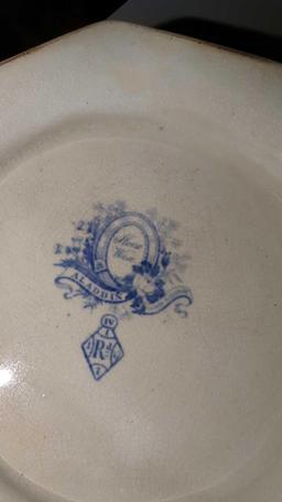 (LR)ALADDIN STONEWARE COVERED TRANSFERWARE DISH, BLUE TRANSFER, DEPICTS PEOPLE, NATURE, AND
