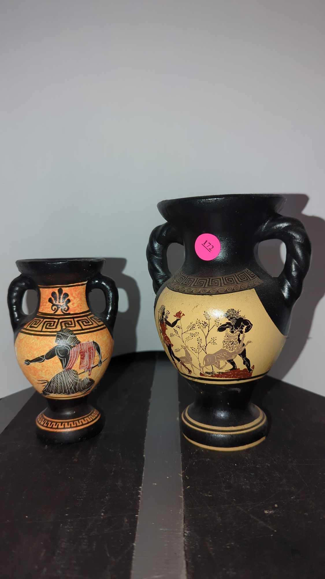 SET OF 2 GRECIAN VASES, SIGNED HANDMADE IN GREECE, THE SMALLER ONE HAS A SMALL CHIP IN THE MOUTH, 5