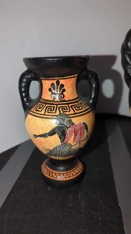 SET OF 2 GRECIAN VASES, SIGNED HANDMADE IN GREECE, THE SMALLER ONE HAS A SMALL CHIP IN THE MOUTH, 5