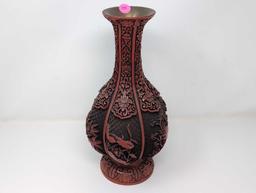 (LR) VINTAGE CHINESE CARVED CINNABAR & BRASS FLOWER VASE. BEAUTIFUL ORNATE FLORAL DETAILING WITH A