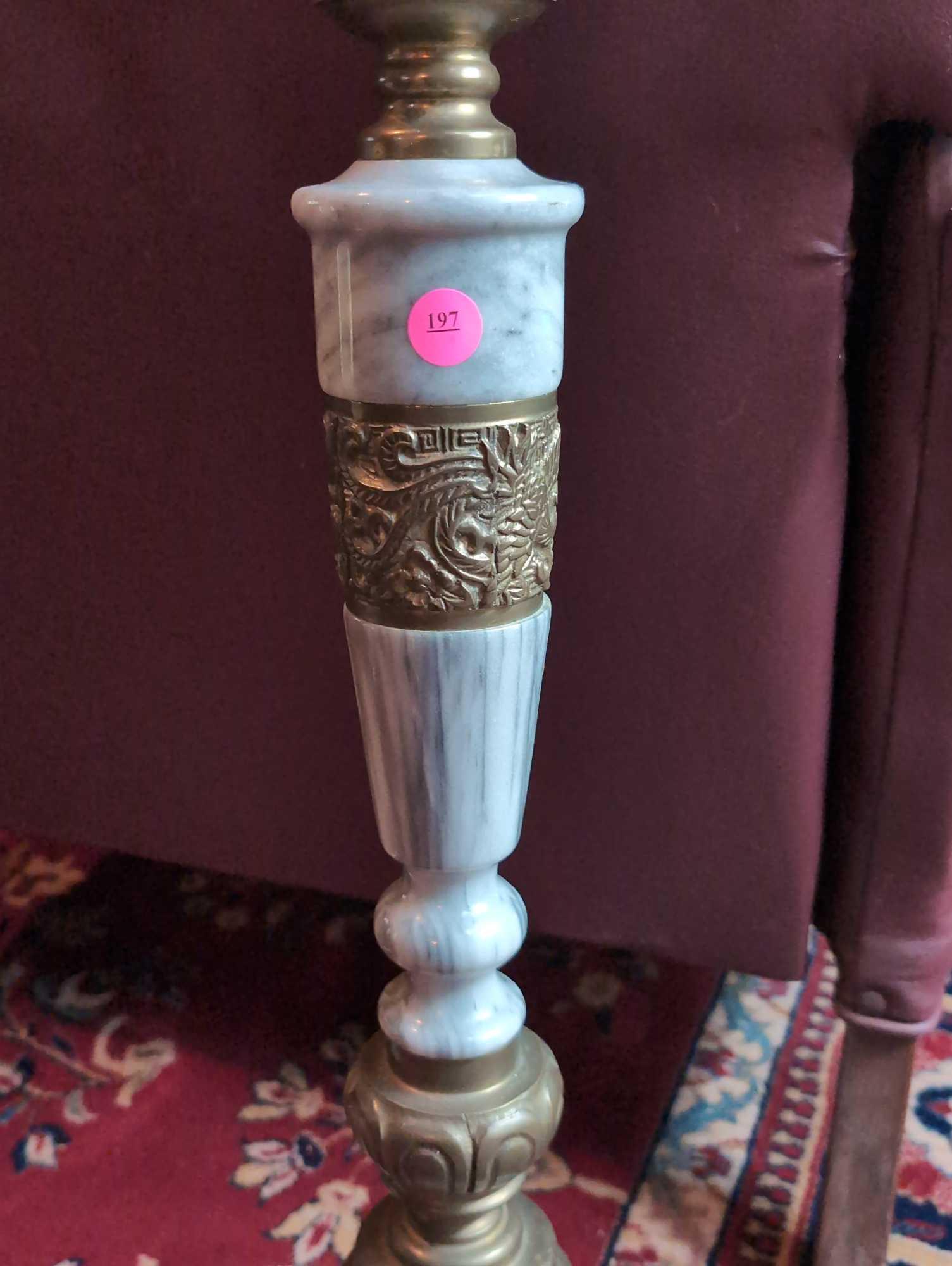 (LR) MID-CENTURY MARBLE AND BRASS COLUMN TABLE LAMP. DETAILED PIERCING AT THE BASE, PHOENIX DETAILS