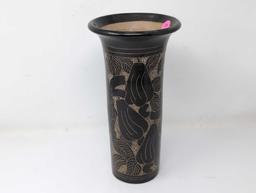 (LR) HAND CRAFTED NICARAGUAN POTTERY PARROT & LEAF DETAILED TALL FLOWER VASE. SIGNED BY THE ARTIST