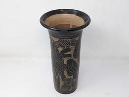 (LR) HAND CRAFTED NICARAGUAN POTTERY PARROT & LEAF DETAILED TALL FLOWER VASE. SIGNED BY THE ARTIST