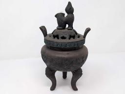 (FOYER) ANTIQUE TIBETAN BRONZE TONED INCENSE BURNER FEATURING A FOO DOG DETAILED LID, GREEK KEY