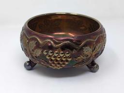 (LR) VINTAGE UNMARKED FENTON CARNIVAL GLASS ON COBALT GRAPE AND CABLE DETAILED FERNERY FOOTED BOWL.