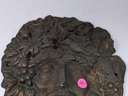 (LR) HEAVY CAST IRON ART NOUVEAU BACCHUS DIONYSUS ARCHITECTURAL GARDEN HEAD PLAQUE. GREENISH GOLD IN