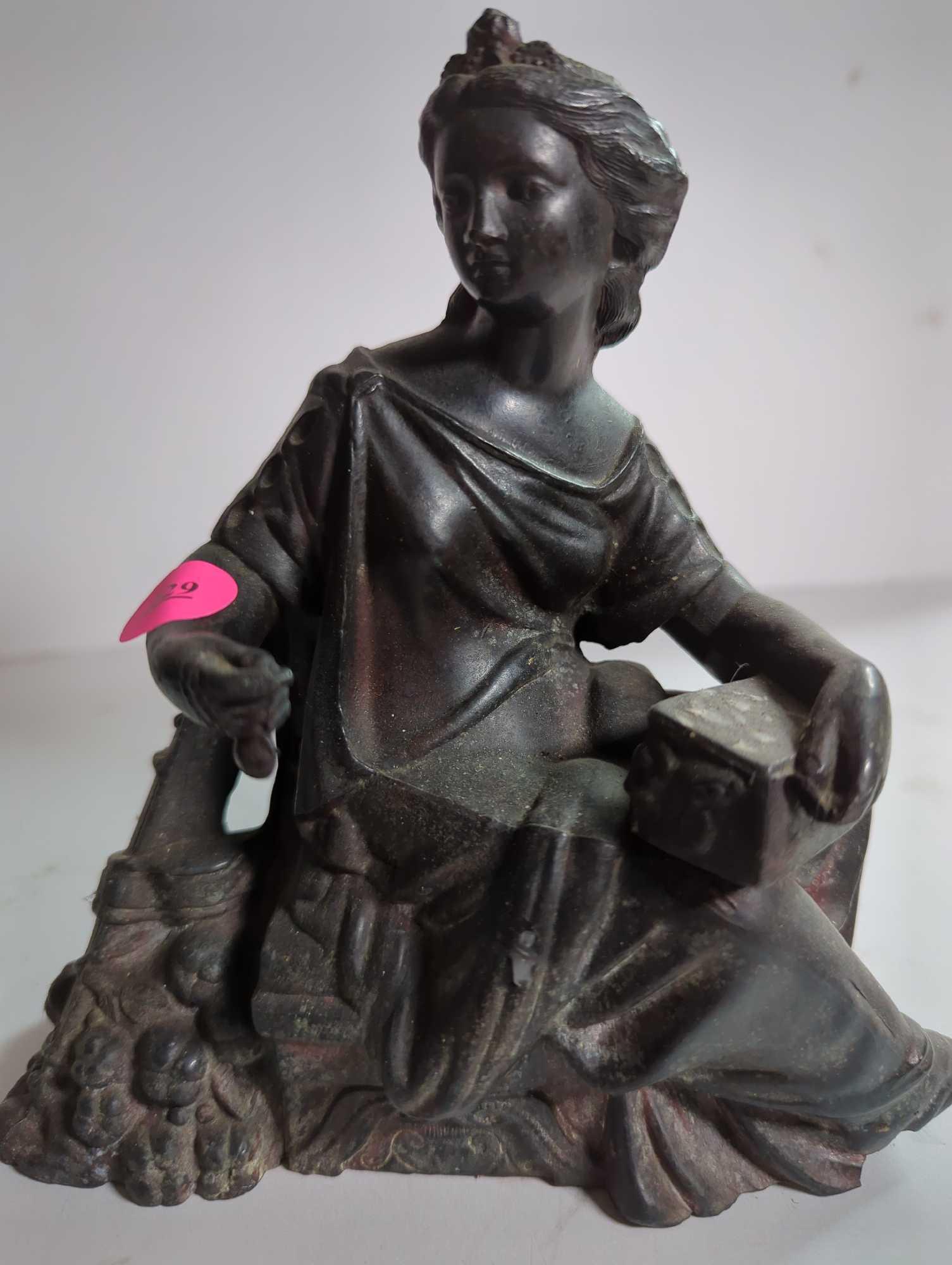 (LR) VINTAGE CAST METAL MOLDED CLOCK TOPPER WOMAN FIGURE SCULPTURE, 6 3/4"H, 6 1/2"L, APPEARS TO BE