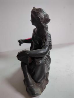 (LR) VINTAGE CAST METAL MOLDED CLOCK TOPPER WOMAN FIGURE SCULPTURE, 6 3/4"H, 6 1/2"L, APPEARS TO BE