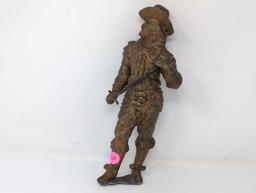 (LR) ANTIQUE SPELTER VICTORIAN MUSKETEER CLOCK FIGURINE. GOLD TONED. DOES SHOW SOME WEAR CONSISTENT