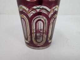 (FOYER) 4 PC. LOT TO INCLUDE A RUBY RED & GOLD CUT TO CLEAR SHOT GLASS MARKED FATH 3-1/2"T, A NAPCO