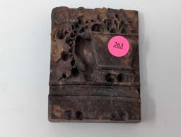 (LR) VINTAGE CARVED CHINESE ROUGE COLORED SOAPSTONE FLORAL BOOKEND. IT MEASURES APPROX. 3"W X 4"T X