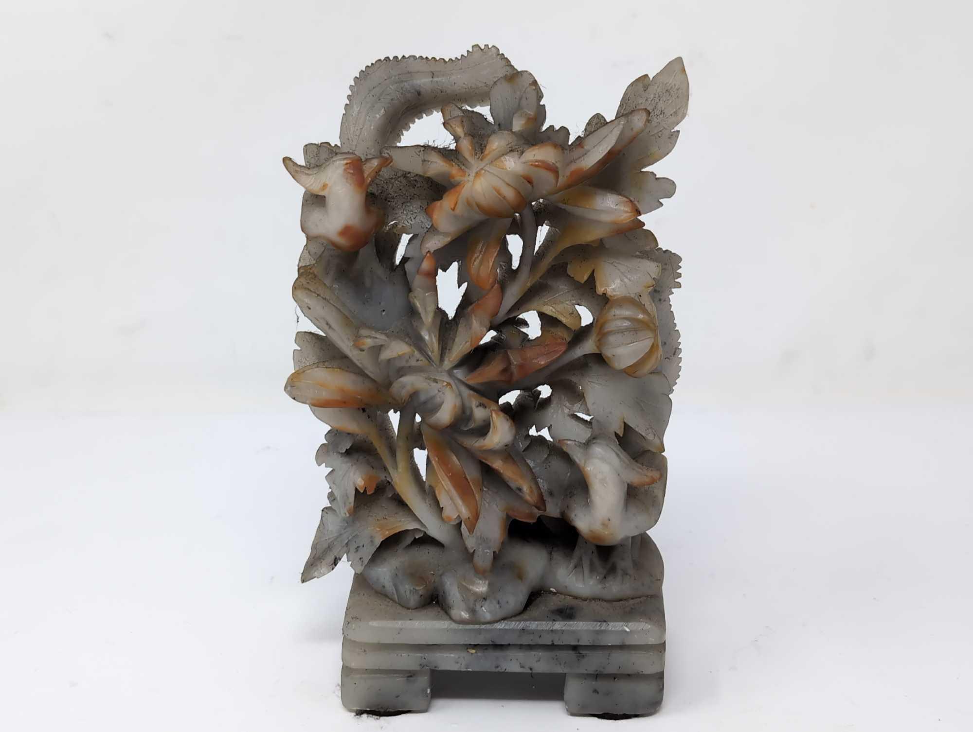 (LR) VINTAGE CARVED SOAPSTONE FLORAL PHOENIX SCULPTURE. IT MEASURES APPROX. 3-1/2"W X 1-1/4"D X 6"T.