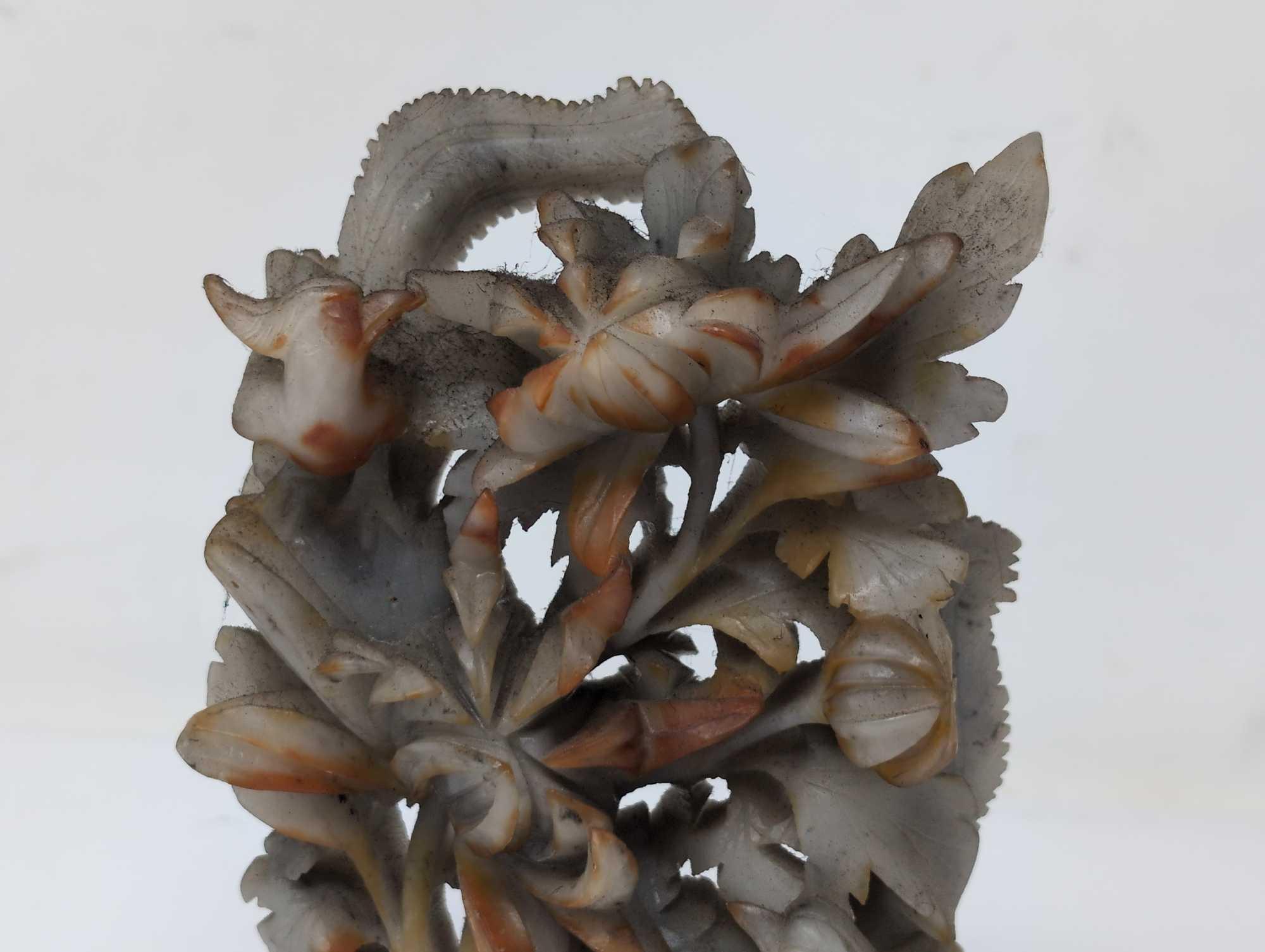 (LR) VINTAGE CARVED SOAPSTONE FLORAL PHOENIX SCULPTURE. IT MEASURES APPROX. 3-1/2"W X 1-1/4"D X 6"T.