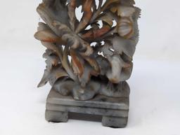 (LR) VINTAGE CARVED SOAPSTONE FLORAL PHOENIX SCULPTURE. IT MEASURES APPROX. 3-1/2"W X 1-1/4"D X 6"T.