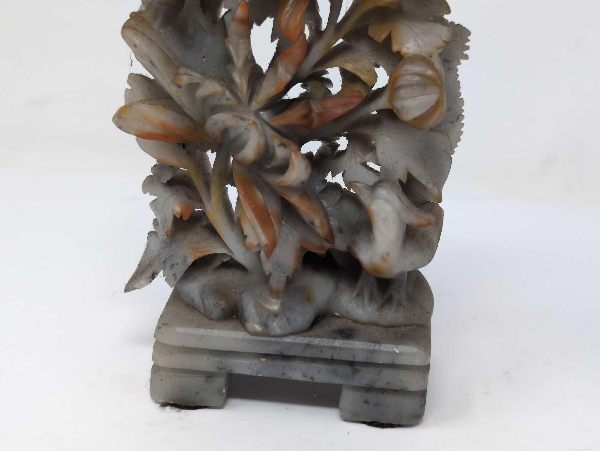 (LR) VINTAGE CARVED SOAPSTONE FLORAL PHOENIX SCULPTURE. IT MEASURES APPROX. 3-1/2"W X 1-1/4"D X 6"T.