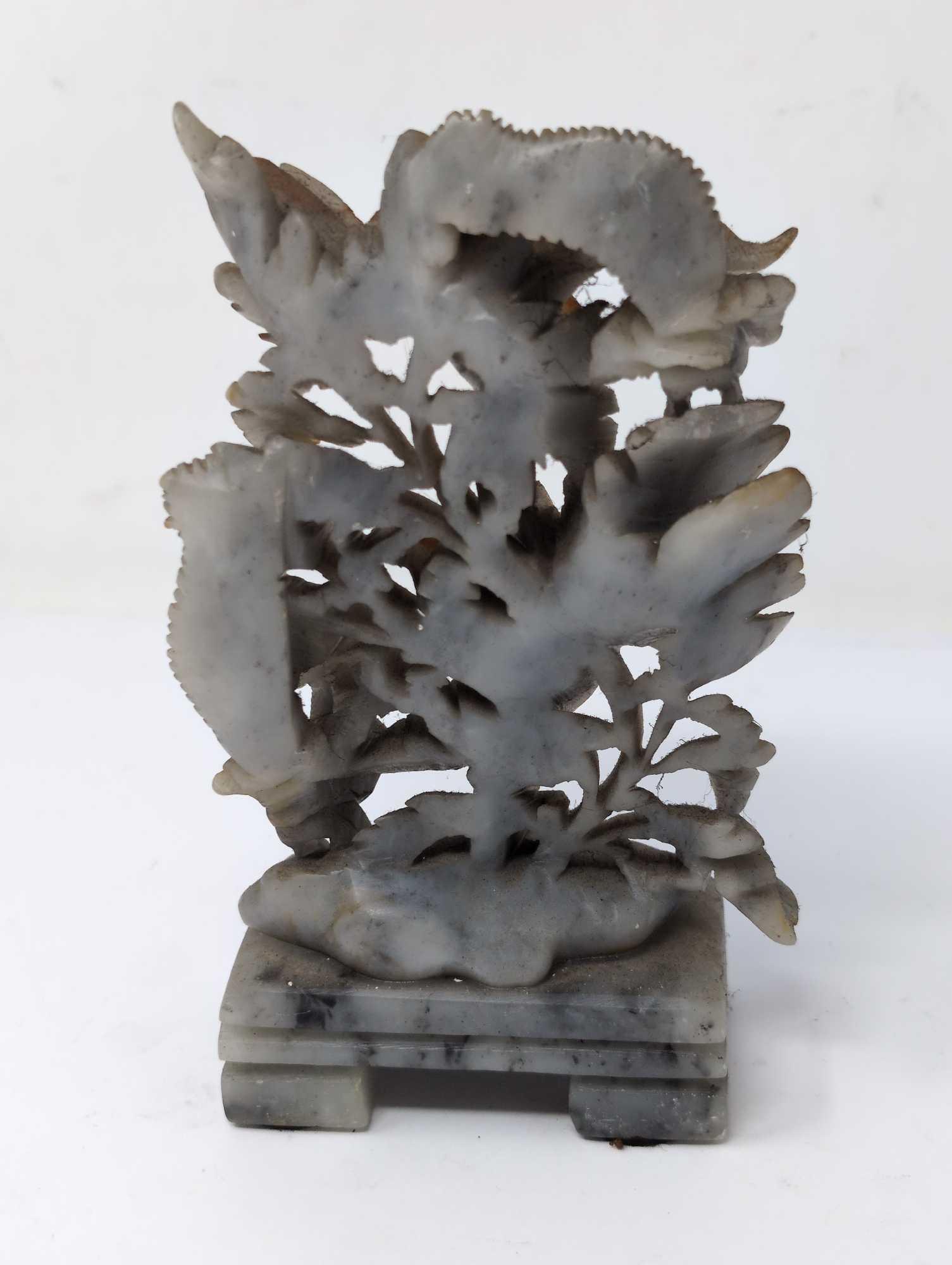 (LR) VINTAGE CARVED SOAPSTONE FLORAL PHOENIX SCULPTURE. IT MEASURES APPROX. 3-1/2"W X 1-1/4"D X 6"T.