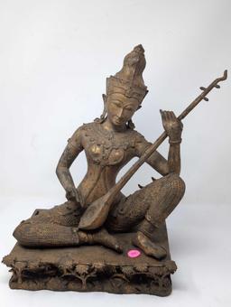 (LR) OUTSTANDING THAILAND GILDED BRONZE STATUE OF SARASWATI PLAYING A VINA. VERY DETAILED. IT