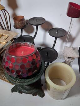 (LR) LARGE LOT OF CANDLE ACCESSORIES, CANDLE HOLDERS, CANDLE STICKS, CANDLE, CANDLE LANTERN, ETC,
