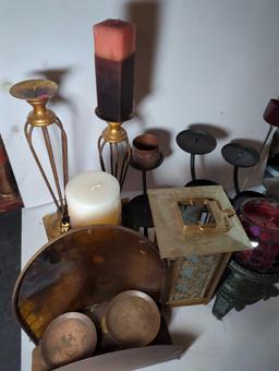 (LR) LARGE LOT OF CANDLE ACCESSORIES, CANDLE HOLDERS, CANDLE STICKS, CANDLE, CANDLE LANTERN, ETC,