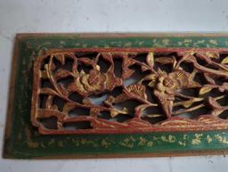 VINTAGE ORIENTAL STYLE CARVED WALL ART, DEPICTS 2 MAGPIE IN A FLOWER TREE, PAINTED RED GREEN AND