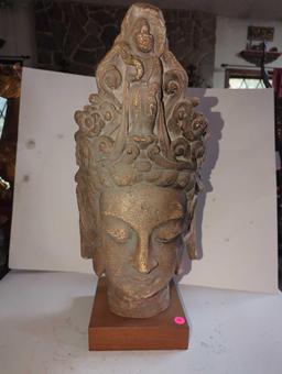 (LR) CAST CERAMIC HEAD OF ENTHRONED BUDDAH, ON WOOD BASE, SIGNED AUSM PROD, APPEARS TO BE IN GOOD