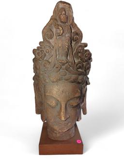 (LR) CAST CERAMIC HEAD OF ENTHRONED BUDDAH, ON WOOD BASE, SIGNED AUSM PROD, APPEARS TO BE IN GOOD