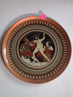 (LR) METAL WALL PLATE, MADE IN GREECE, DEPICTS GLADIATORS, 9 1/4"