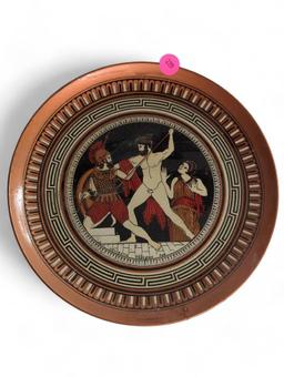 (LR) METAL WALL PLATE, MADE IN GREECE, DEPICTS GLADIATORS, 9 1/4"