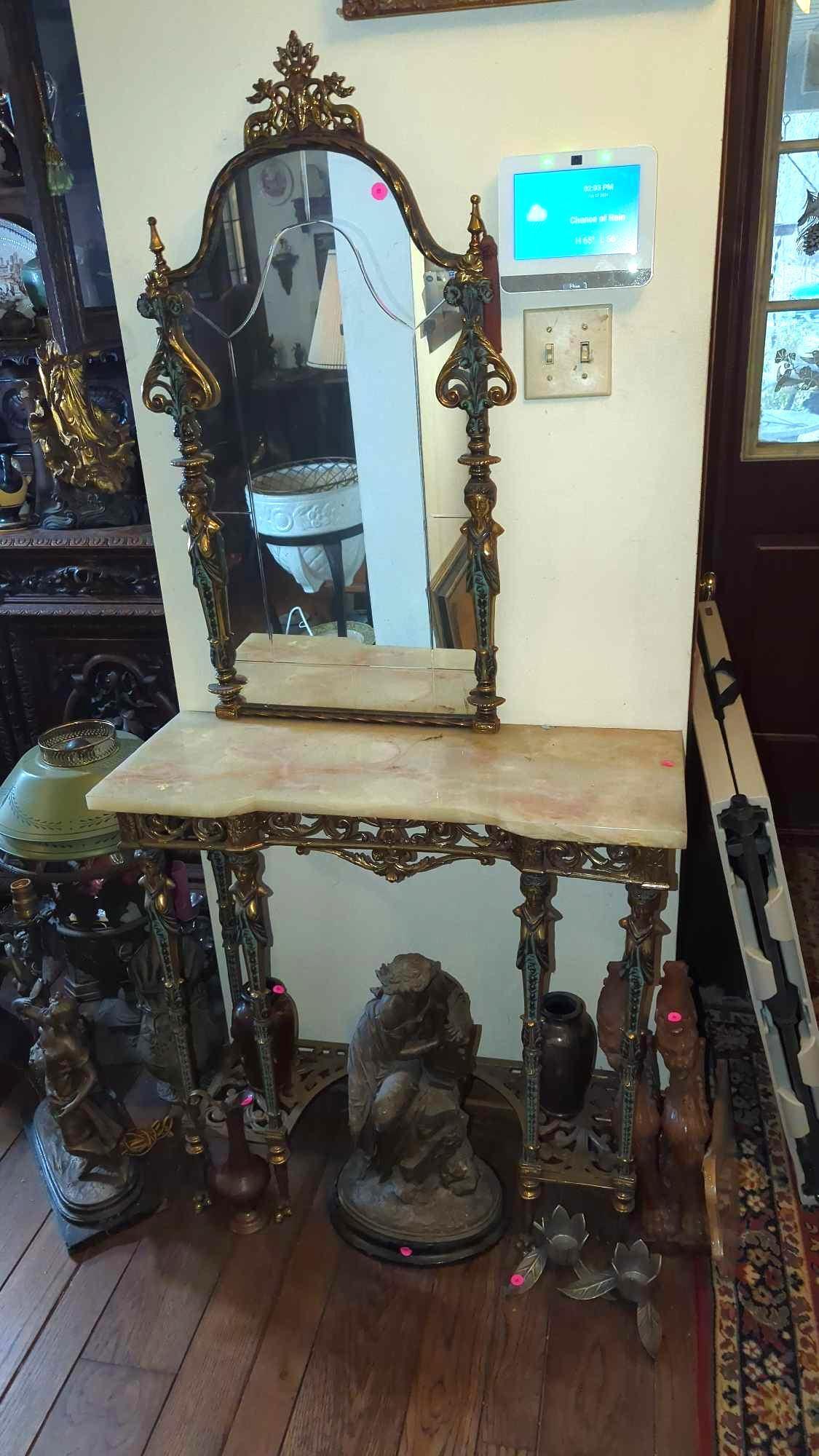 (FOY)ANTIQUE BRASS HALL TABLE MIRROR SET, MIRROR IS UNIQUELY BEVELED, THE BRASS FRAME IS HIGHLY