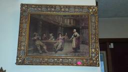 FRAMES TAVERN SCENE ON BOARD, GOLD GILT FRAME WITH FLORAL DECOR, 17 1/2"X13 1/2"