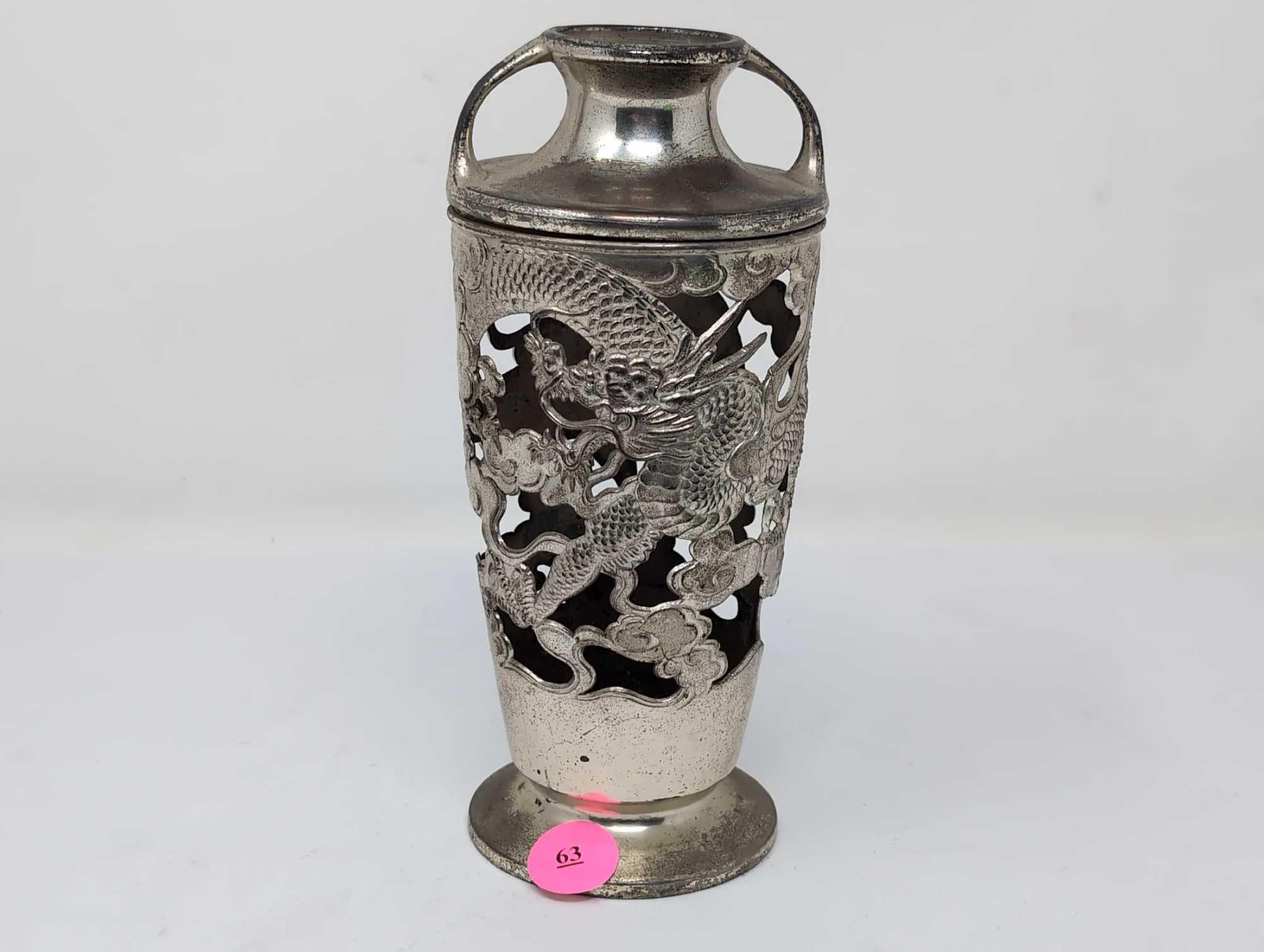 (FOYER) VINTAGE ELECTROPLATE ORIENTAL VOTIVE/CANDLE HOLDER WITH DRAGON & CLOUD DETAILING. IT