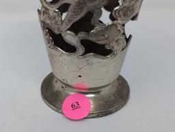(FOYER) VINTAGE ELECTROPLATE ORIENTAL VOTIVE/CANDLE HOLDER WITH DRAGON & CLOUD DETAILING. IT
