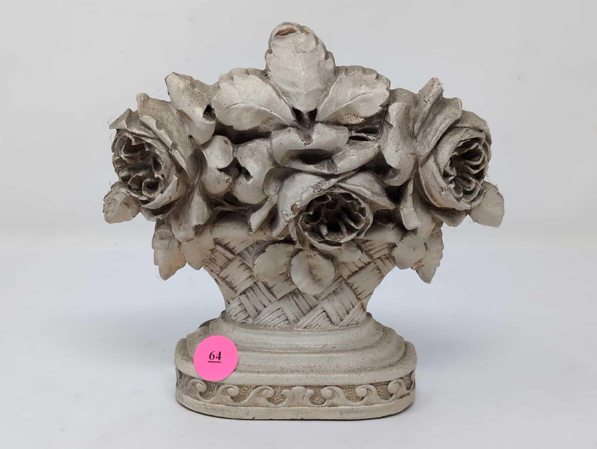 (FOYER) VINTAGE SYROCOWOOD BOOKEND DEPICTING FLOWERS IN A PLANTER. MARKED ON THE BACK WITH A