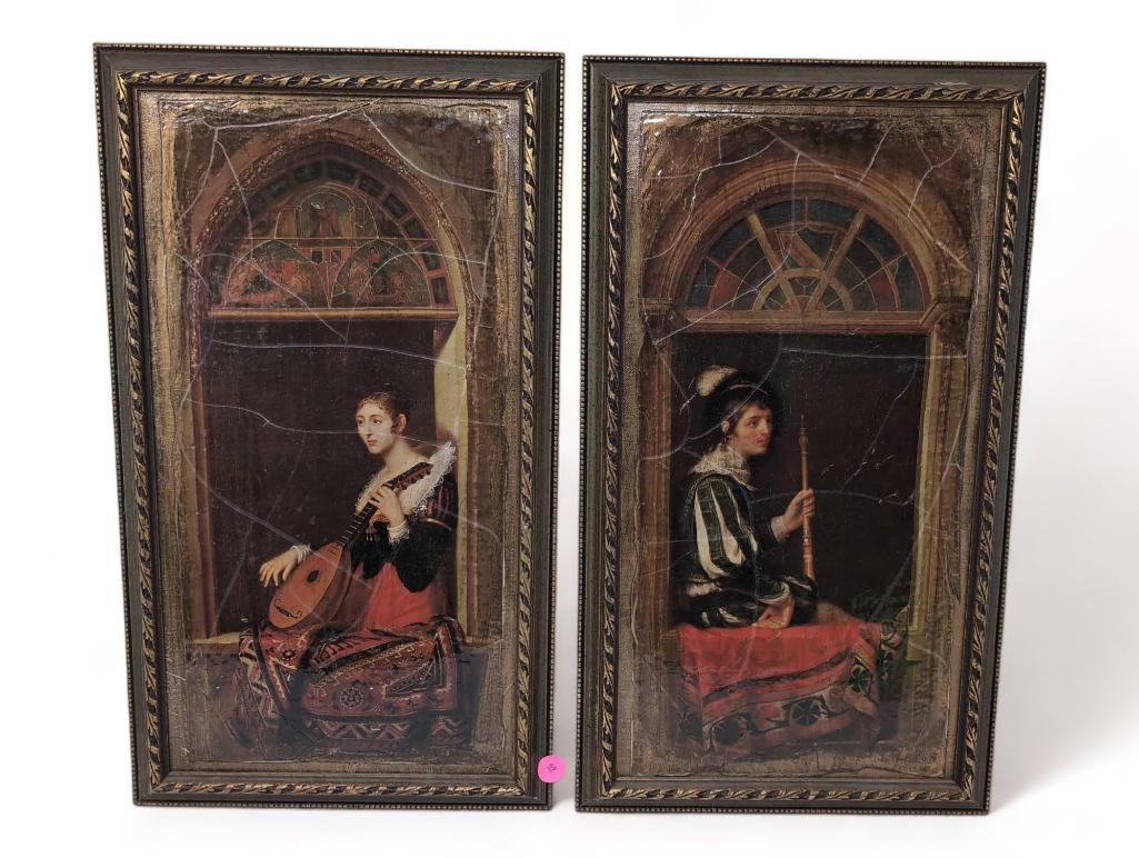 (FOYER) PAIR OF LAURENT RENAISSANCE FRENCH PRINTS DEPICTING A YOUNG GIRL/YOUNG BOY PLAYING MUSICAL