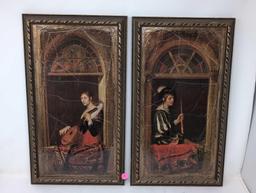 (FOYER) PAIR OF LAURENT RENAISSANCE FRENCH PRINTS DEPICTING A YOUNG GIRL/YOUNG BOY PLAYING MUSICAL