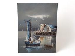 (FOYER) K. POLARY OIL ON CANVAS PAINTING OF A BOAT HARBOR SCENE. UNFRAMED. SIGNED IN THE BOTTOM