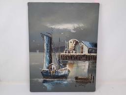 (FOYER) K. POLARY OIL ON CANVAS PAINTING OF A BOAT HARBOR SCENE. UNFRAMED. SIGNED IN THE BOTTOM