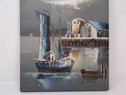 (FOYER) K. POLARY OIL ON CANVAS PAINTING OF A BOAT HARBOR SCENE. UNFRAMED. SIGNED IN THE BOTTOM