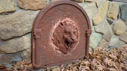 (FY)ANTIQUE CAST IRON FIREPLACE PLATE/WATER FOUNTAIN PLATE LION DESIGN FRONT AND CENTER, COLUMN