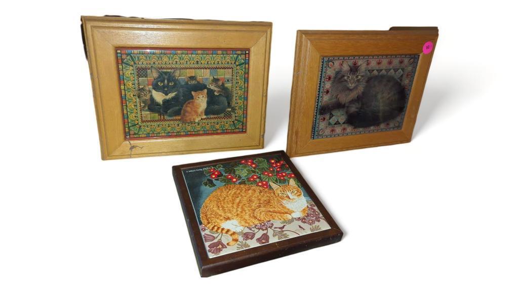 (FOY) 3 FRAMED CAT ART PIECES, ALL DEPICT DIFFERENT CATS, THE LARGEST MEASURES 9 1/2"L 7 5/8"W