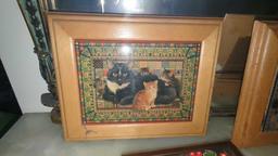 (FOY) 3 FRAMED CAT ART PIECES, ALL DEPICT DIFFERENT CATS, THE LARGEST MEASURES 9 1/2"L 7 5/8"W