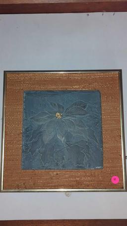 FRAMED SLATE SQUARE, FLORAL PAINTED DESIGN, MEASURES APPROXIMATELY 12 1/4X12 1/4"