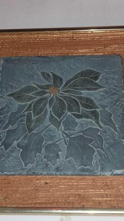 FRAMED SLATE SQUARE, FLORAL PAINTED DESIGN, MEASURES APPROXIMATELY 12 1/4X12 1/4"