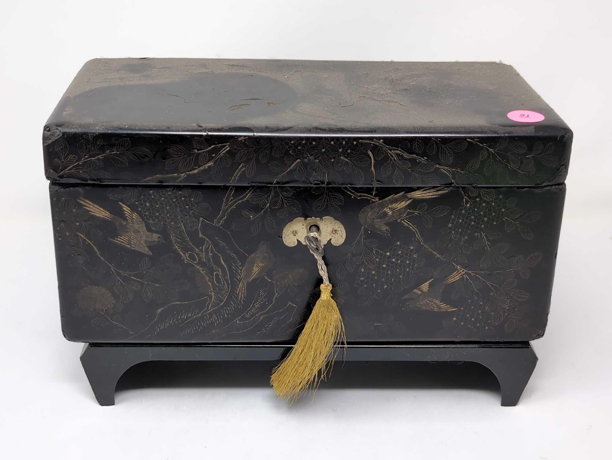 (FOYER) ANTIQUE JAPANESE BLACK LACQUERED STORAGE BOX WITH GOLD BIRD/TREE DETAILS & RED PAINTED