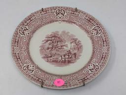 (FOYER) ANTIQUE BAKER & CO. WOODLAND PATTERN PINK TRANSFERWARE SALAD/DESSERT PLATE WITH BRASS PLATE