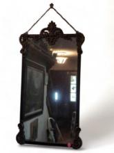 (FOYER) VINTAGE FRENCH INFLUENCED METAL WALL MIRROR WITH FLUER DE LOS AND SCROLL WORK ACCENTS. IT