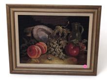 (FOYER) HAND MADE FRUIT STILL LIFE TAPESTRY DISPLAYED IN A BRUSHED GOLD TONE WOOD FRAME. IT MEASURES